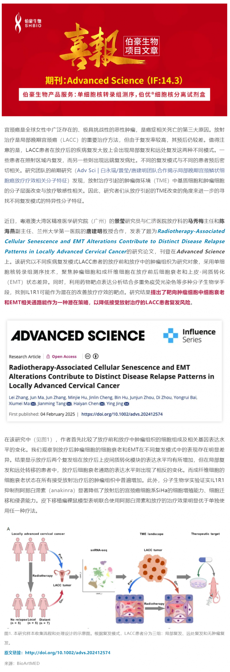 客戶項目文章丨馬秀梅_陳海燕_景瑩_唐建明團隊合作揭示細胞衰老和 EMT 調節局部晚期宮頸癌不同的疾病復