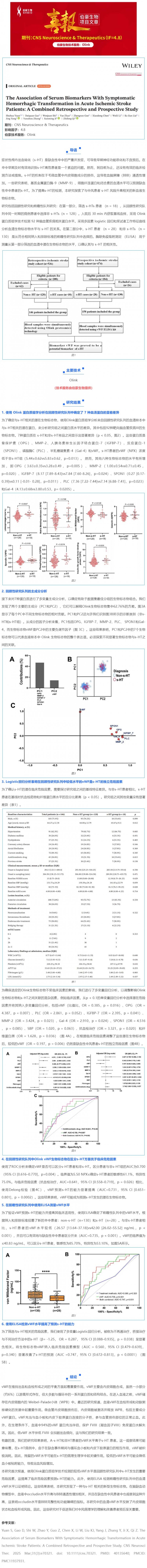 13Olink 項(xiàng)目文章 _ 血清生物標(biāo)志物與急性缺血性中風(fēng)患者癥狀性出血性轉(zhuǎn)化的關(guān)系：一項(xiàng)回顧性與前瞻性